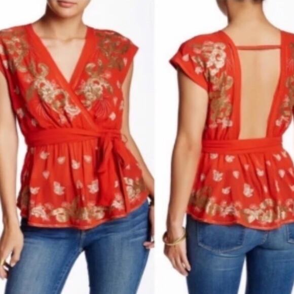 Free People Ooh La La Sequin Embroidered Blouse Orange Gold size small - Picture 1 of 10